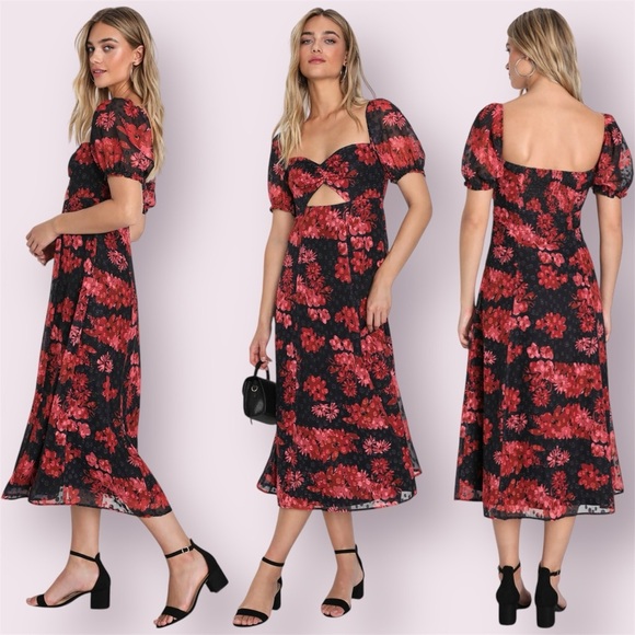 Lulus Red Black Floral Midi Puff Sleeve Dress Dark Romantic Cocktail Sheer L - Picture 1 of 10
